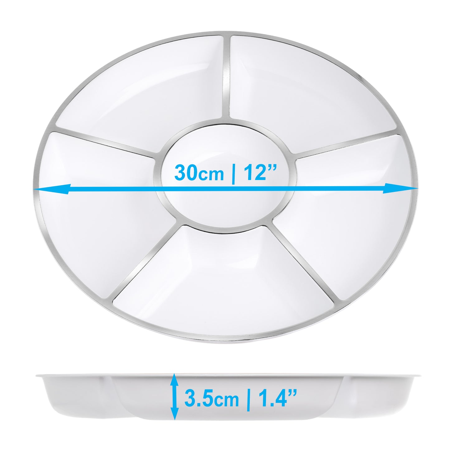 4 Pack, Elegant 12" 6-Section Silver Rim Compartment Platter Serving Trays