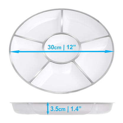 4 Pack, Elegant 12" 6-Section Silver Rim Compartment Platter Serving Trays