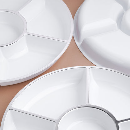 4 Pack, Elegant 12" 6-Section Silver Rim Compartment Platter Serving Trays