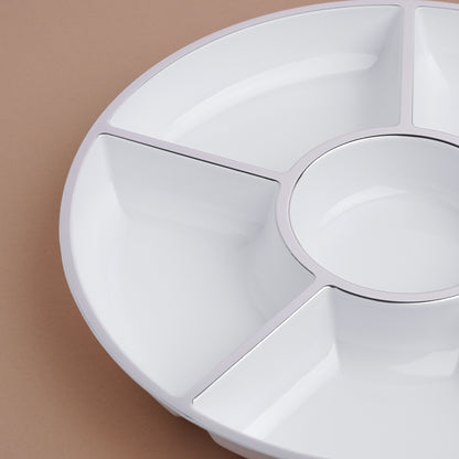 4 Pack, Elegant 12" 6-Section Silver Rim Compartment Platter Serving Trays