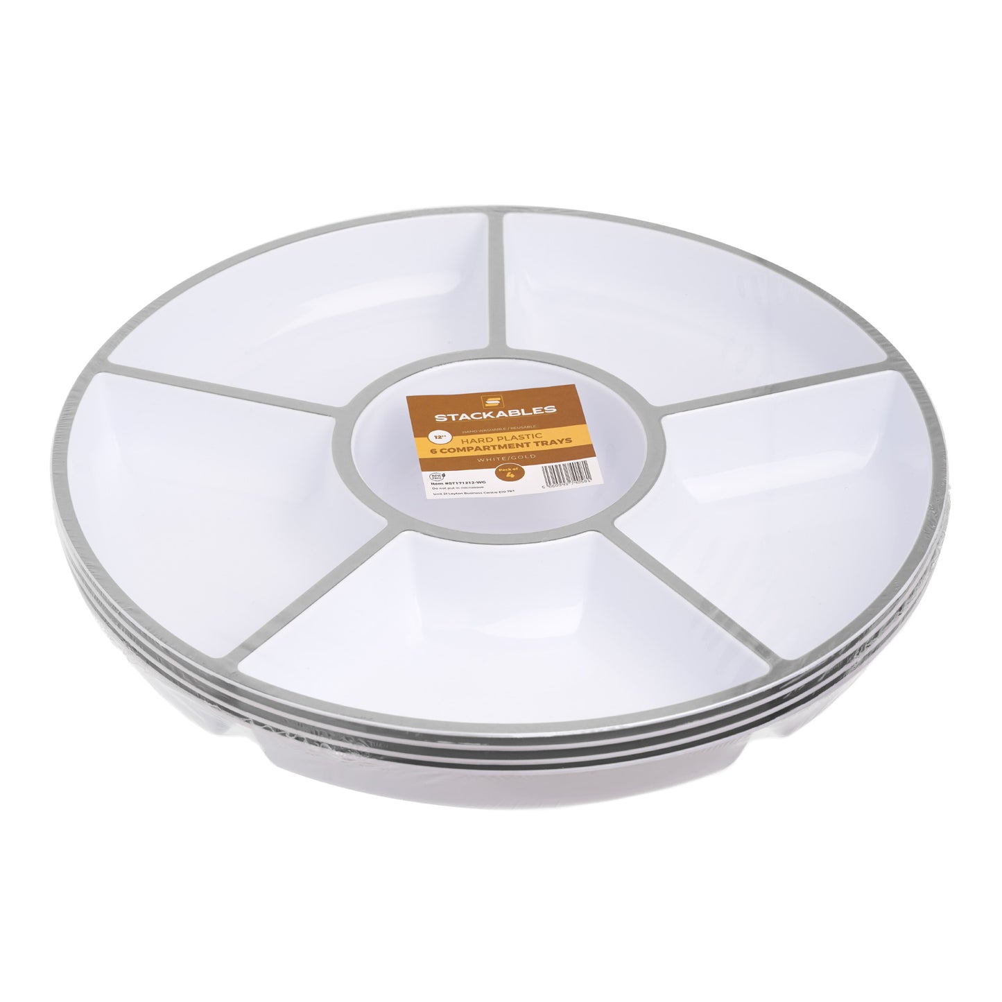 4 Pack, Elegant 12" 6-Section Silver Rim Compartment Platter Serving Trays