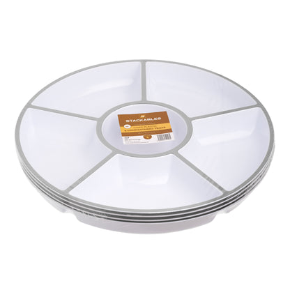 4 Pack, Elegant 12" 6-Section Silver Rim Compartment Platter Serving Trays