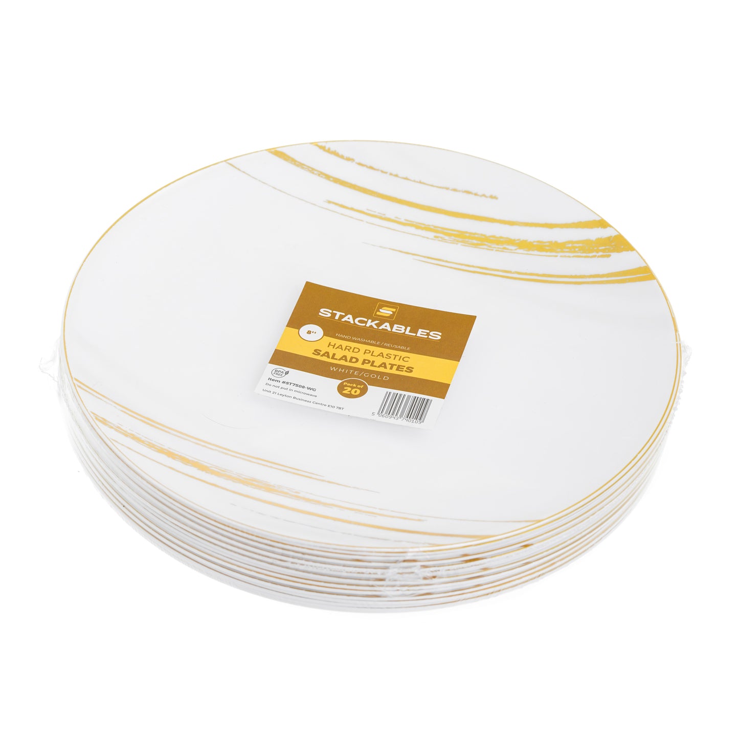 20 Pack 8-Inch White and Gold Hard Plastic Side Salad Plates