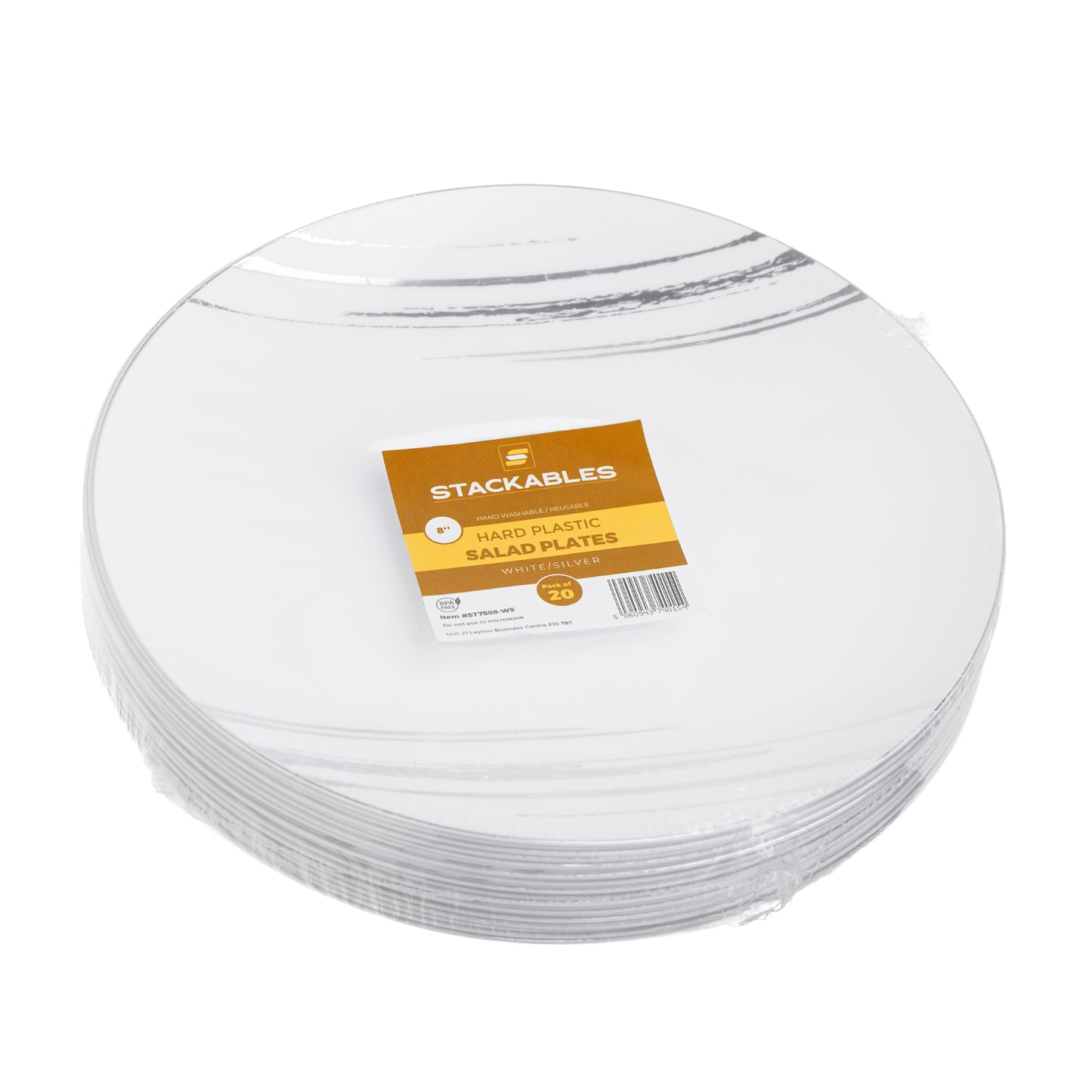 20 Pack 8-Inch White and Silver Hard Plastic Side Salad Plates