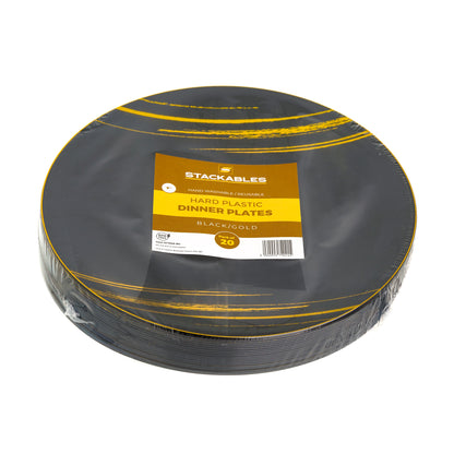 20 Pack 9-Inch Black and Gold Hard Plastic Dinner Plates