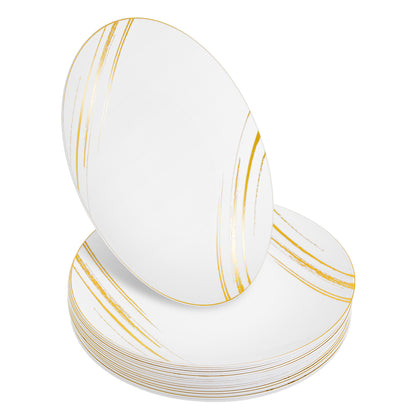20 Pack - 9” White & Gold Side Salad Dinner Plates - Hard Plastic, Reusable, Elegant Design