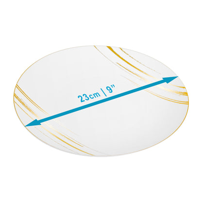 20 Pack - 9” White & Gold Side Salad Dinner Plates - Hard Plastic, Reusable, Elegant Design