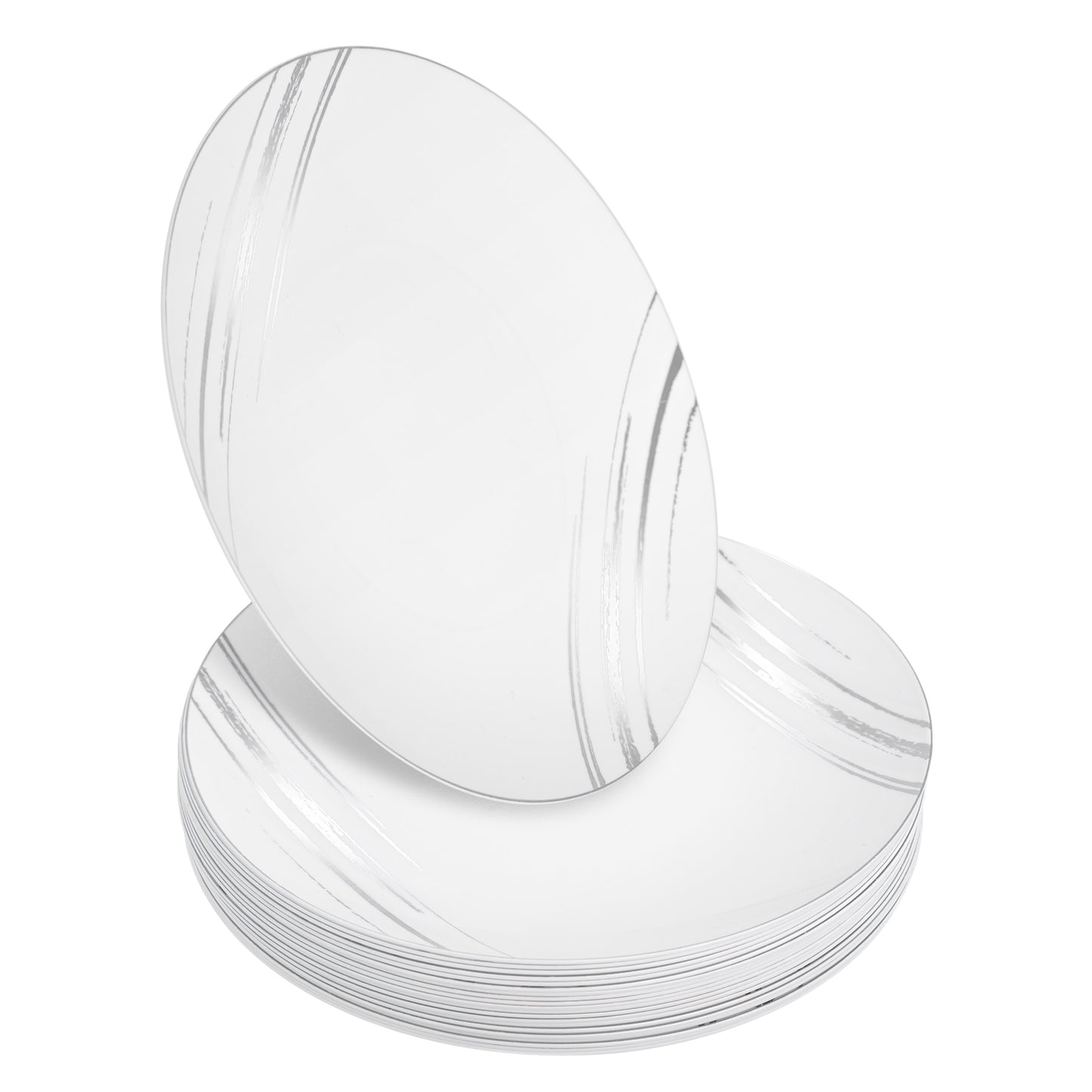 20 Pack - 9” White & Silver Side Salad Dinner Plates - Hard Plastic, Reusable, Elegant Design