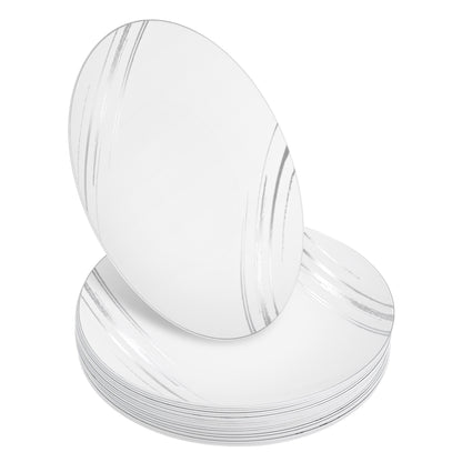 20 Pack - 9” White & Silver Side Salad Dinner Plates - Hard Plastic, Reusable, Elegant Design