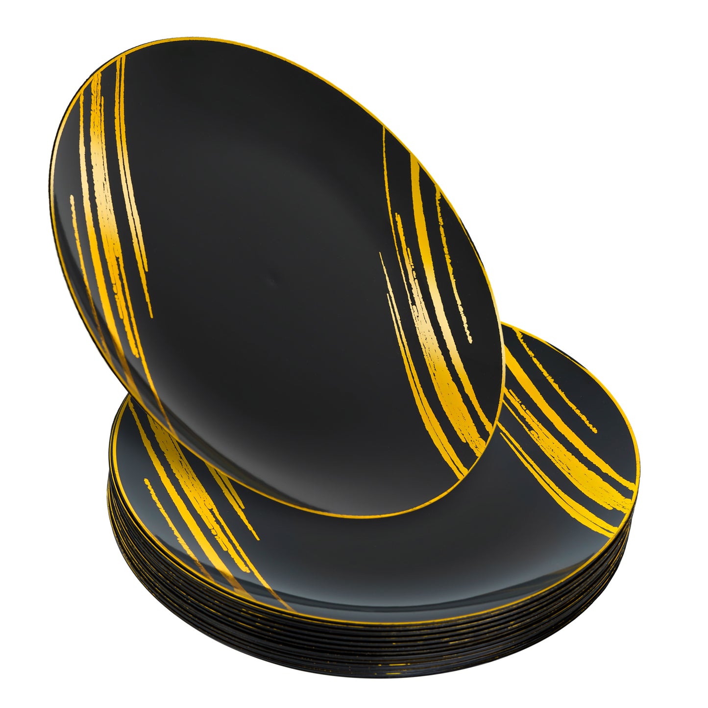 20 Pack - 10.25” Black & Gold Side Salad Dinner Plates - Hard Plastic, Reusable, Elegant Design