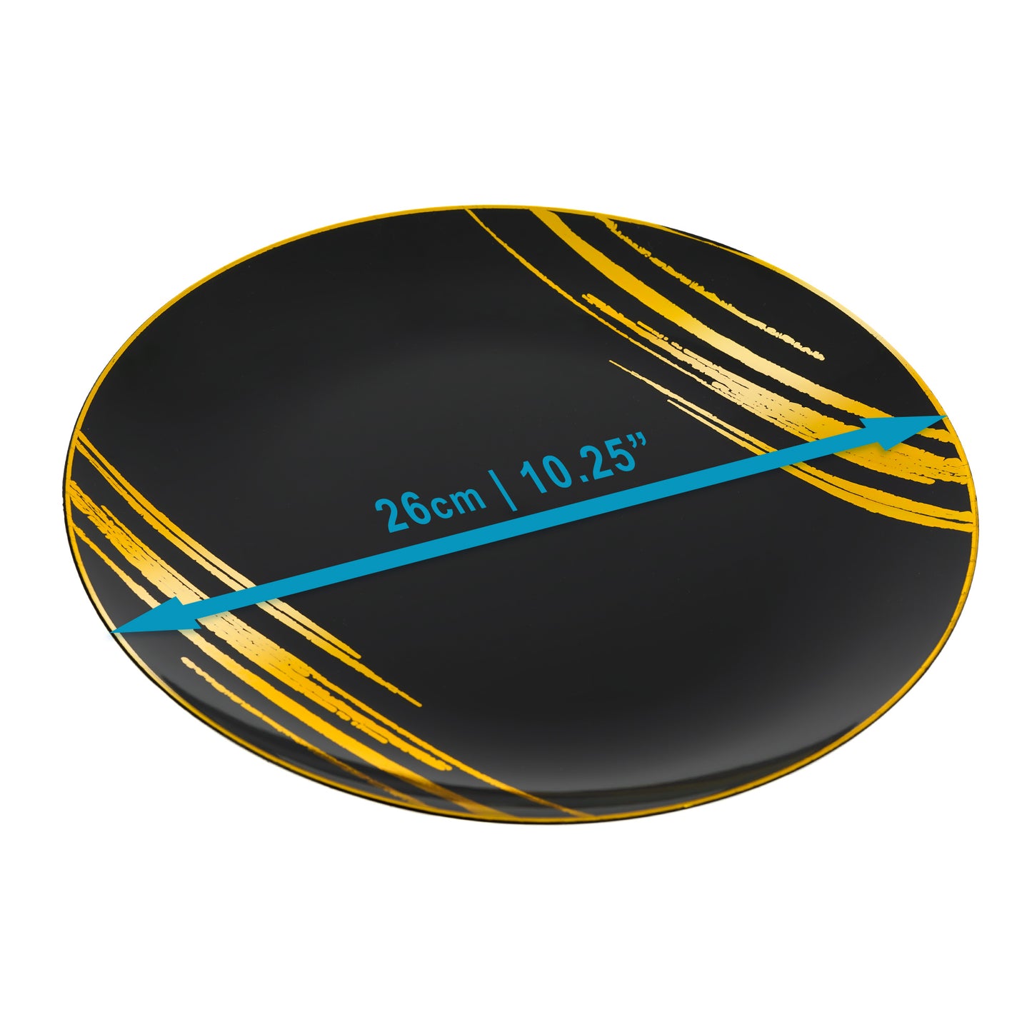 20 Pack - 10.25” Black & Gold Side Salad Dinner Plates - Hard Plastic, Reusable, Elegant Design