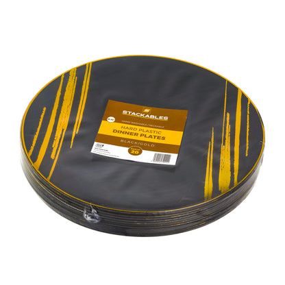 20 Pack - 10.25” Black & Gold Side Salad Dinner Plates - Hard Plastic, Reusable, Elegant Design