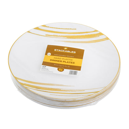 20 Pack - 10.25” White & Gold Side Salad Dinner Plates - Hard Plastic, Reusable, Elegant Design