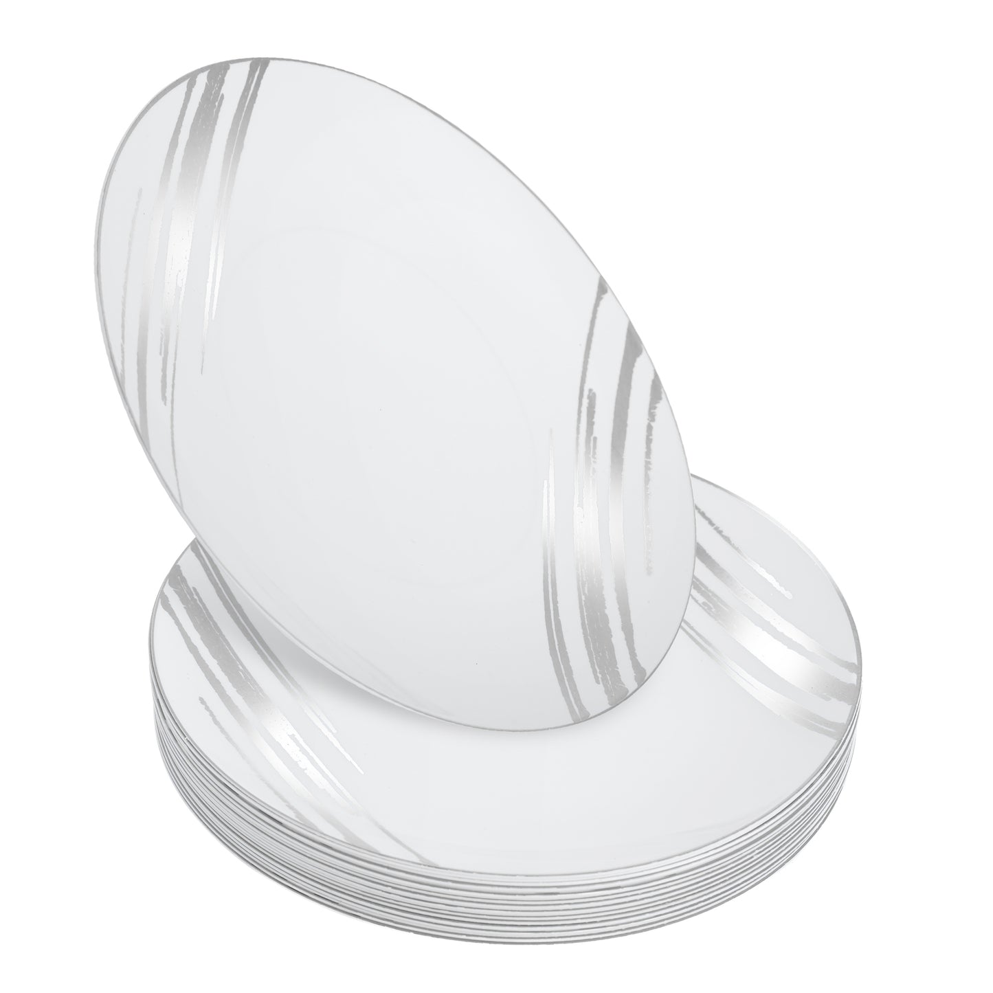 20 Pack - 10.25” White & Silver Side Salad Dinner Plates - Hard Plastic, Reusable, Elegant Design