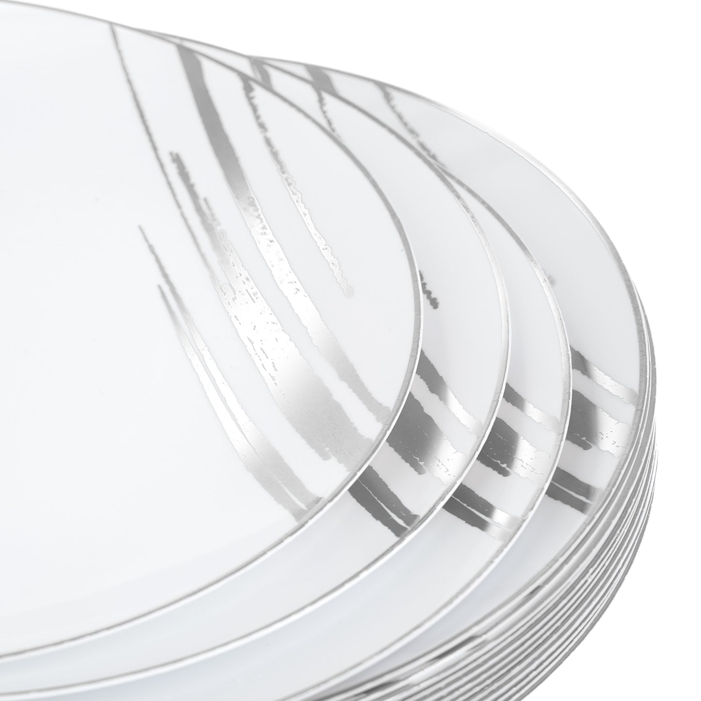 20 Pack - 10.25” White & Silver Side Salad Dinner Plates - Hard Plastic, Reusable, Elegant Design