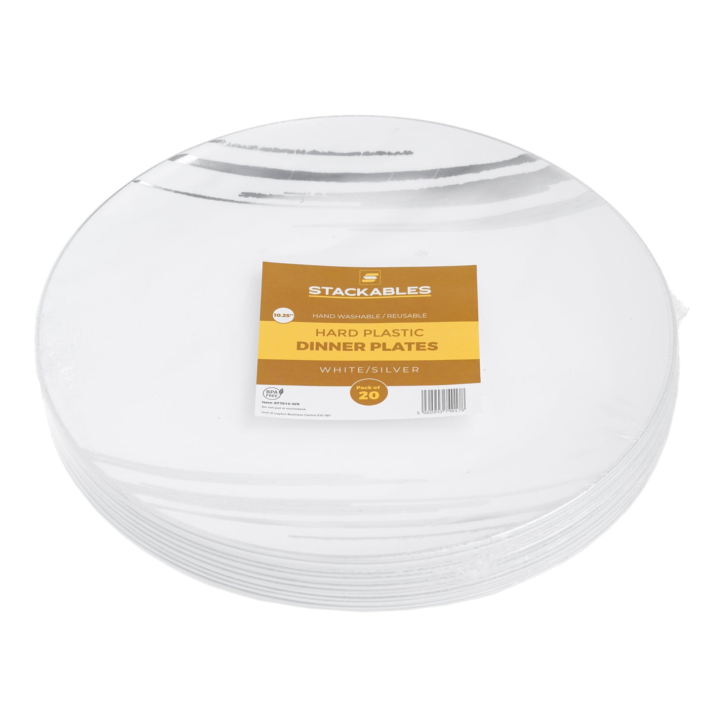 20 Pack - 10.25” White & Silver Side Salad Dinner Plates - Hard Plastic, Reusable, Elegant Design