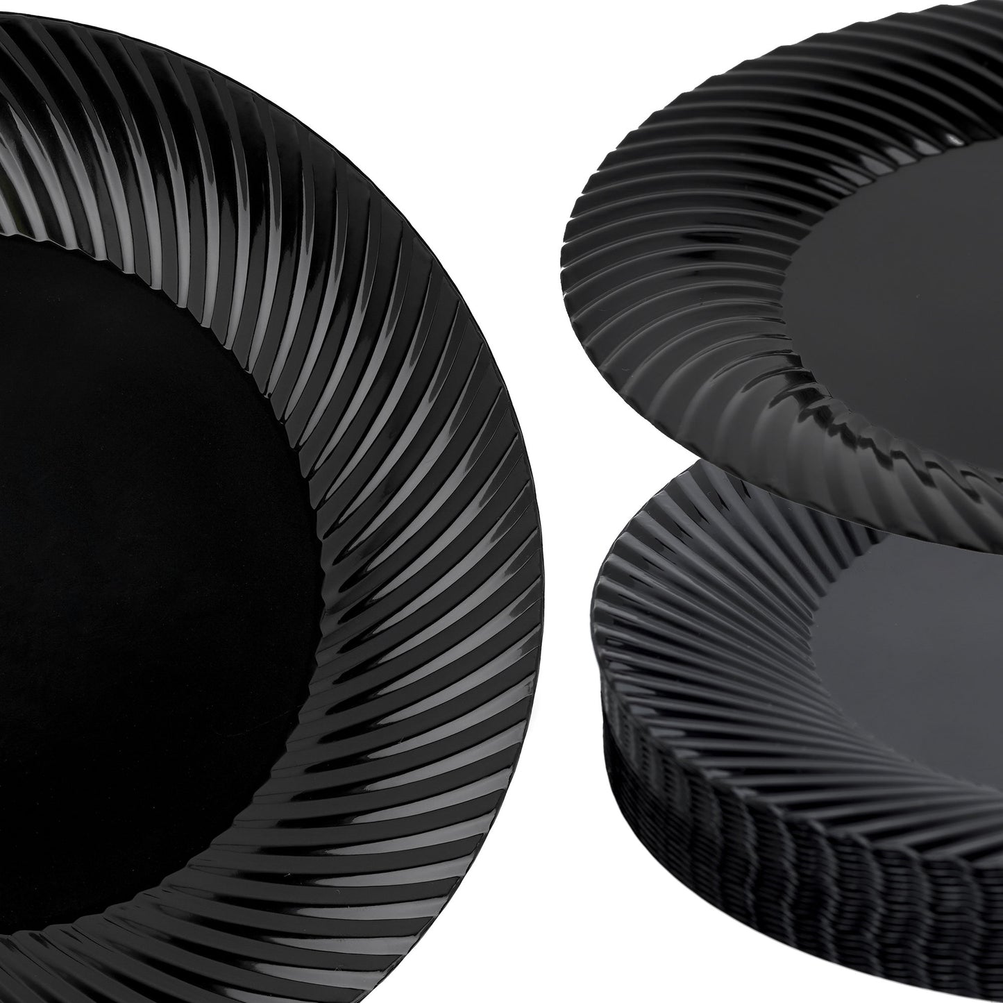 7" Black Plastic Side Salad Plates with Ridged Rim - Pack of 20