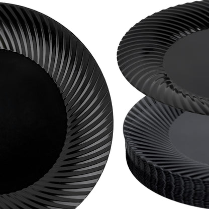 7" Black Plastic Side Salad Plates with Ridged Rim - Pack of 20