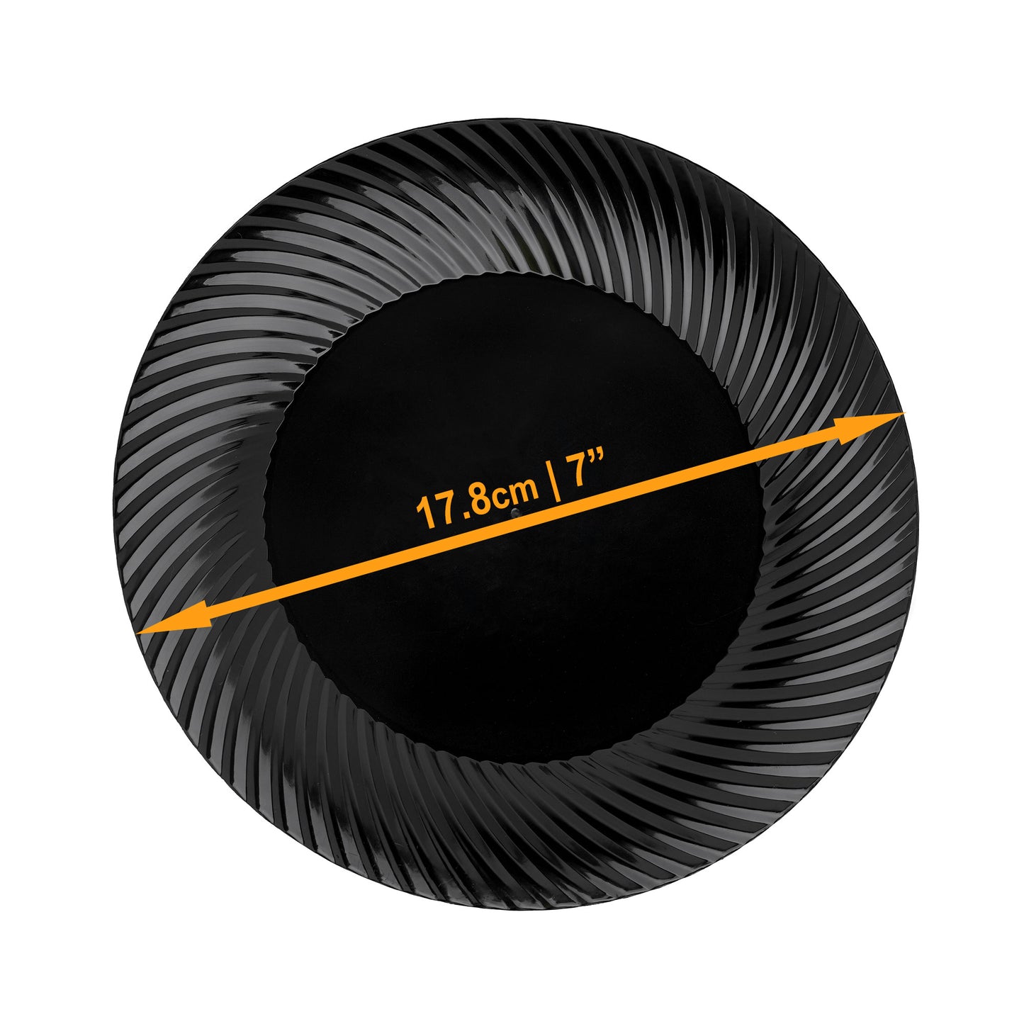 7" Black Plastic Side Salad Plates with Ridged Rim - Pack of 20