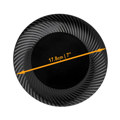 7" Black Plastic Side Salad Plates with Ridged Rim - Pack of 20