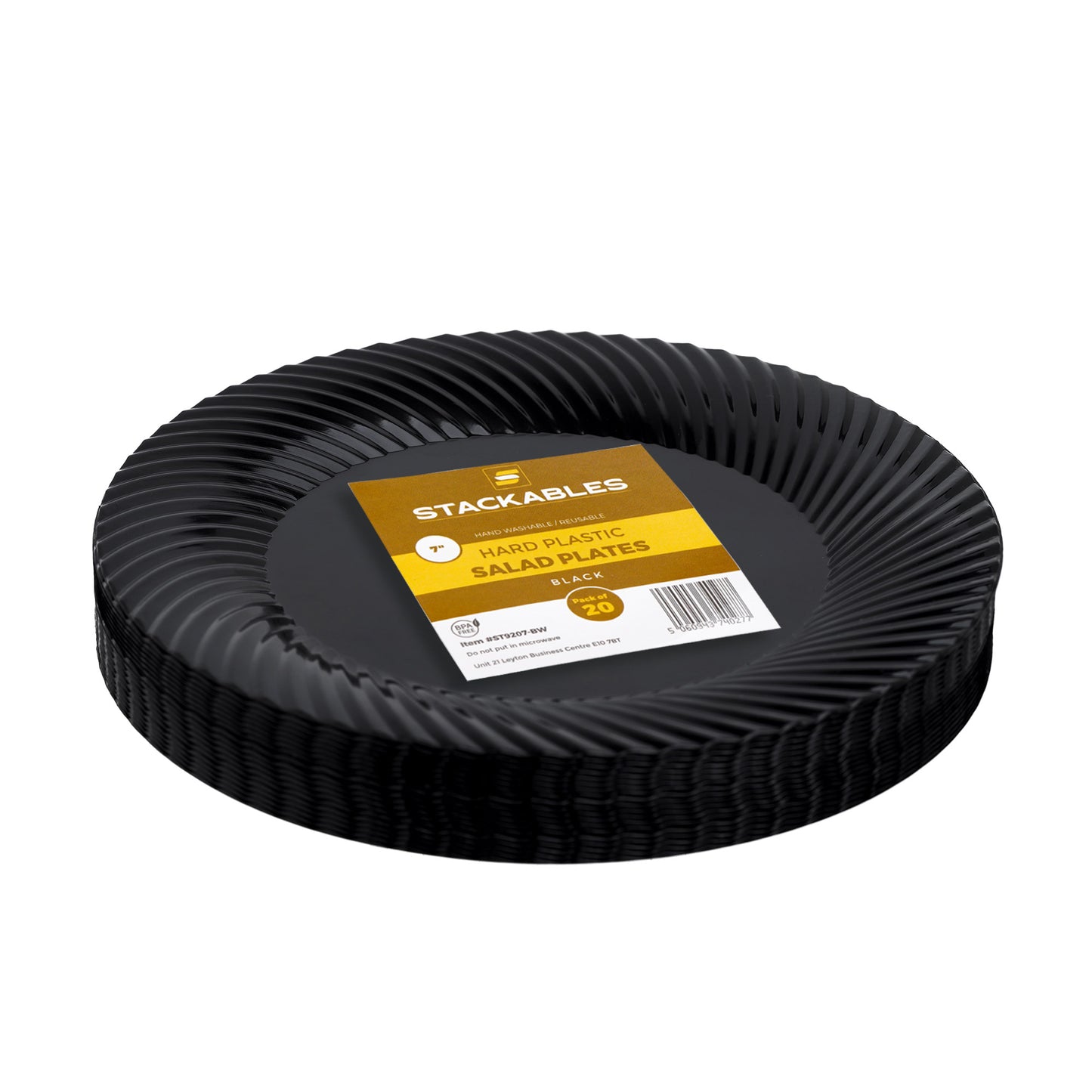 7" Black Plastic Side Salad Plates with Ridged Rim - Pack of 20