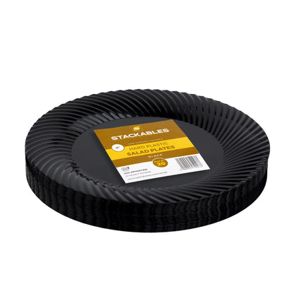 7" Black Plastic Side Salad Plates with Ridged Rim - Pack of 20
