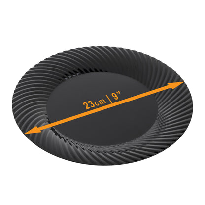 Pack of 20, 9" Black Plastic Dinner Plates with Ridged Rim