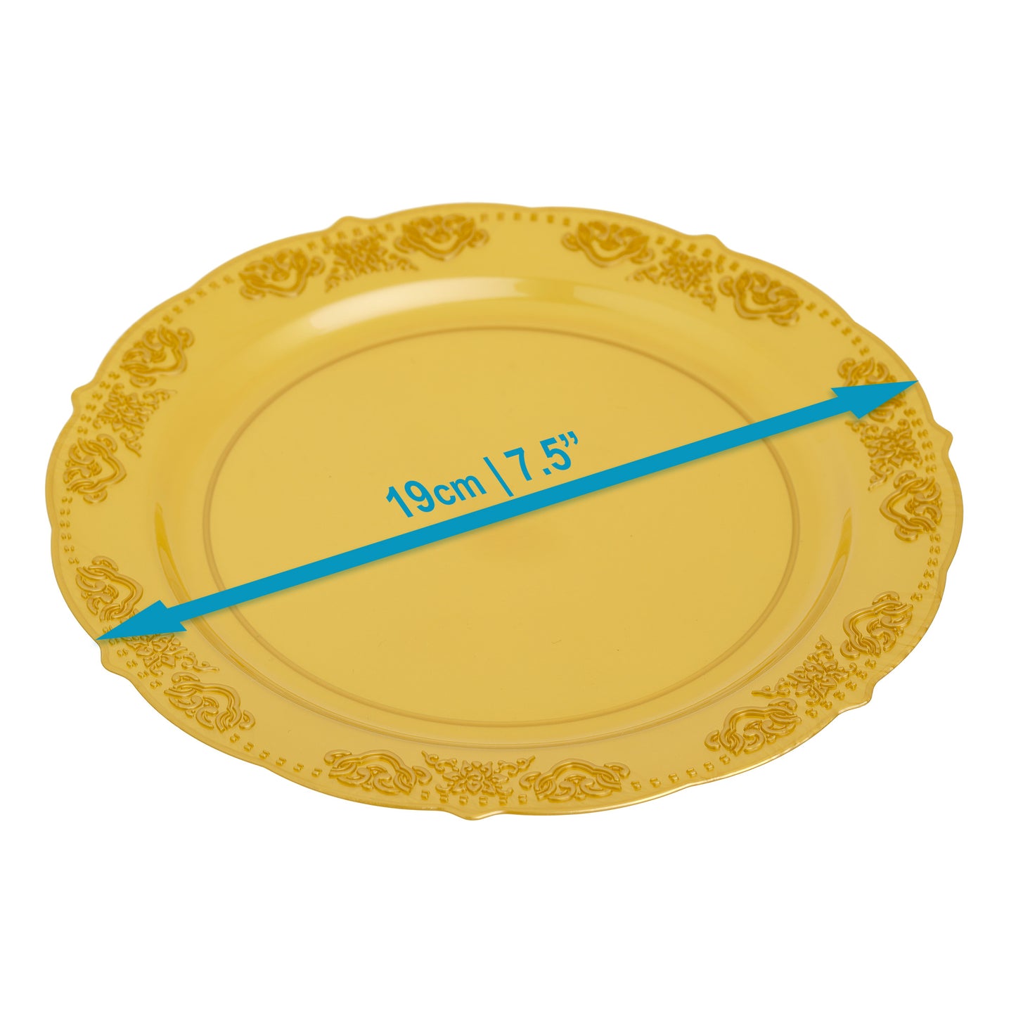 20 Pack 7.5" Gold Plastic Side Salad Plates with Elegant Embossed Rim