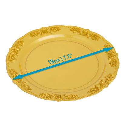 20 Pack 7.5" Gold Plastic Side Salad Plates with Elegant Embossed Rim