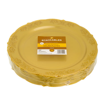 20 Pack 7.5" Gold Plastic Side Salad Plates with Elegant Embossed Rim