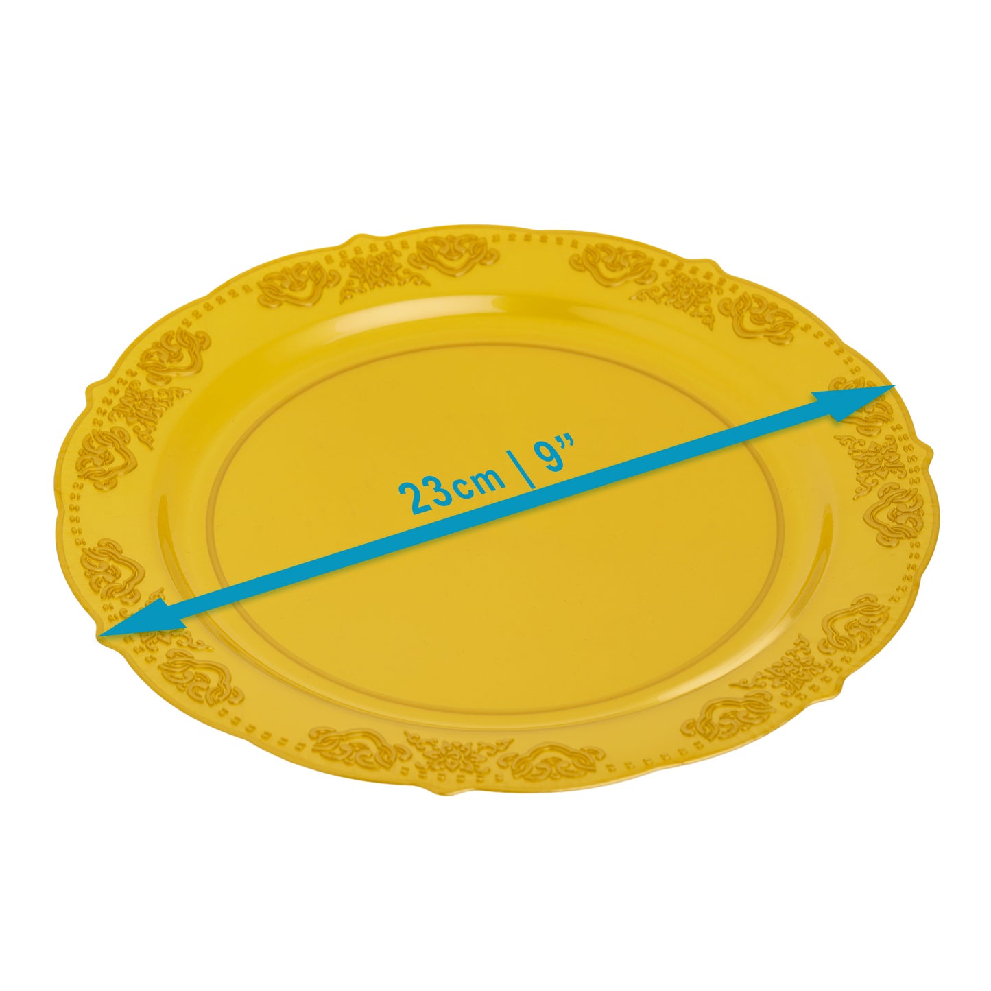 20 Pack 9" Gold Plastic Dinner Plates with Elegant Embossed Rim