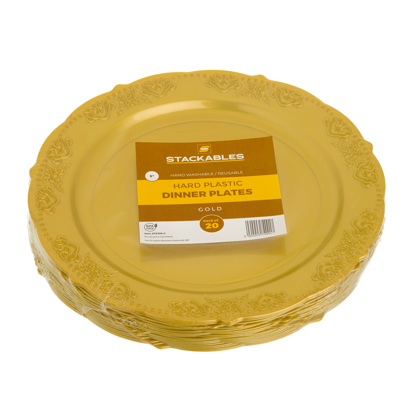 20 Pack 9" Gold Plastic Dinner Plates with Elegant Embossed Rim