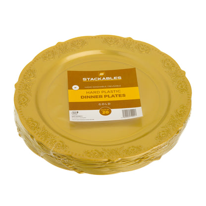 20 Pack 9" Gold Plastic Dinner Plates with Elegant Embossed Rim