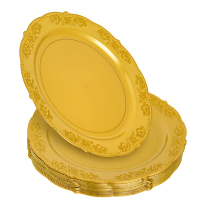 20 Pack 10-Inch Gold Round Plastic Dinner Plates with Ornate Rim - Ideal for Main Courses and Formal Dining