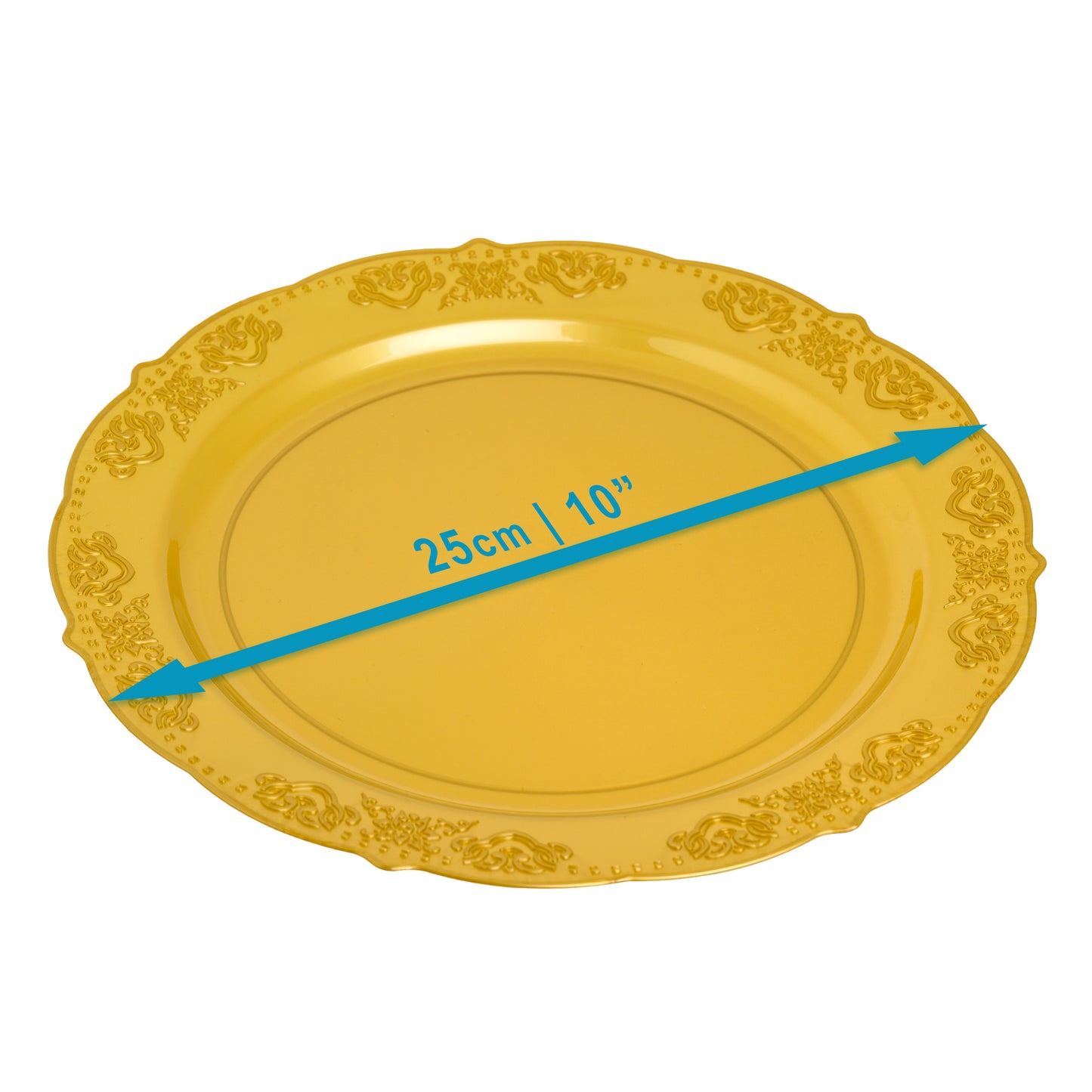 20 Pack 10-Inch Gold Round Plastic Dinner Plates with Ornate Rim - Ideal for Main Courses and Formal Dining