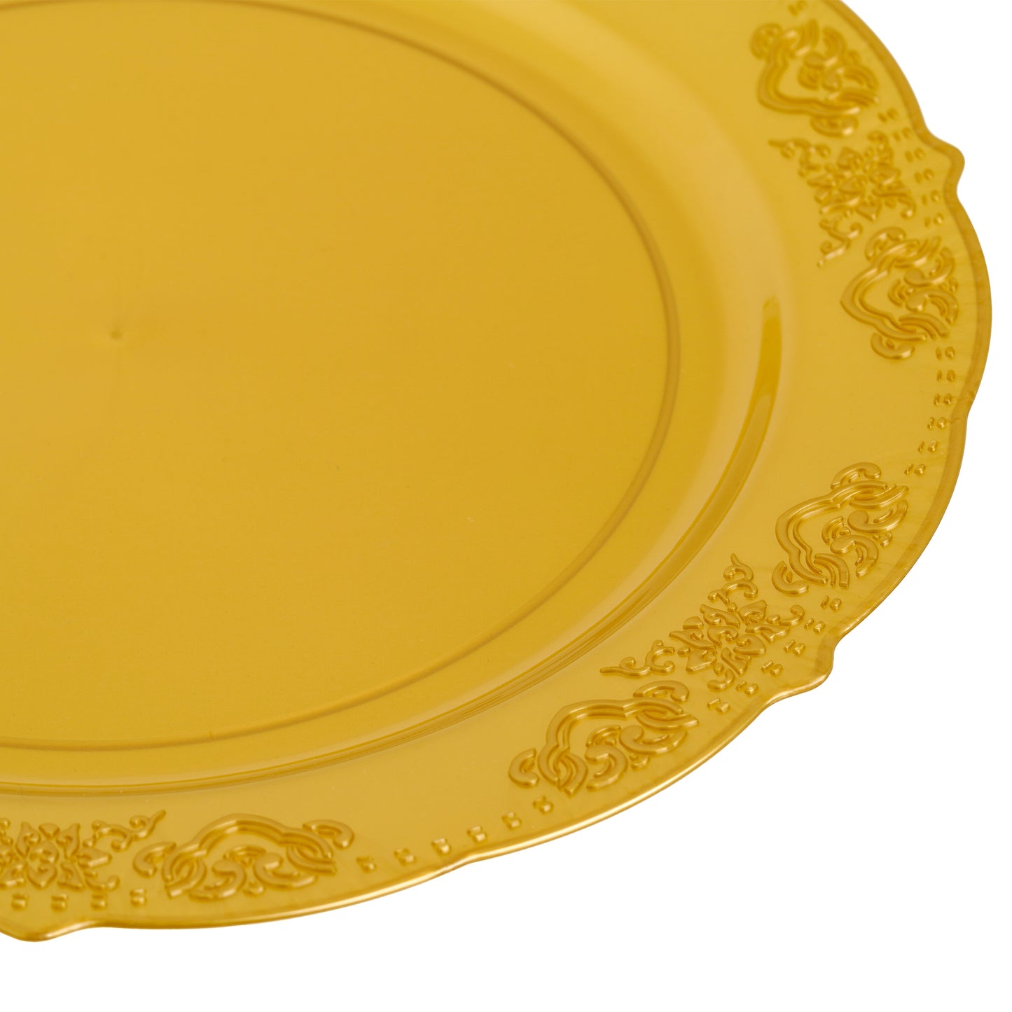 20 Pack 10-Inch Gold Round Plastic Dinner Plates with Ornate Rim - Ideal for Main Courses and Formal Dining