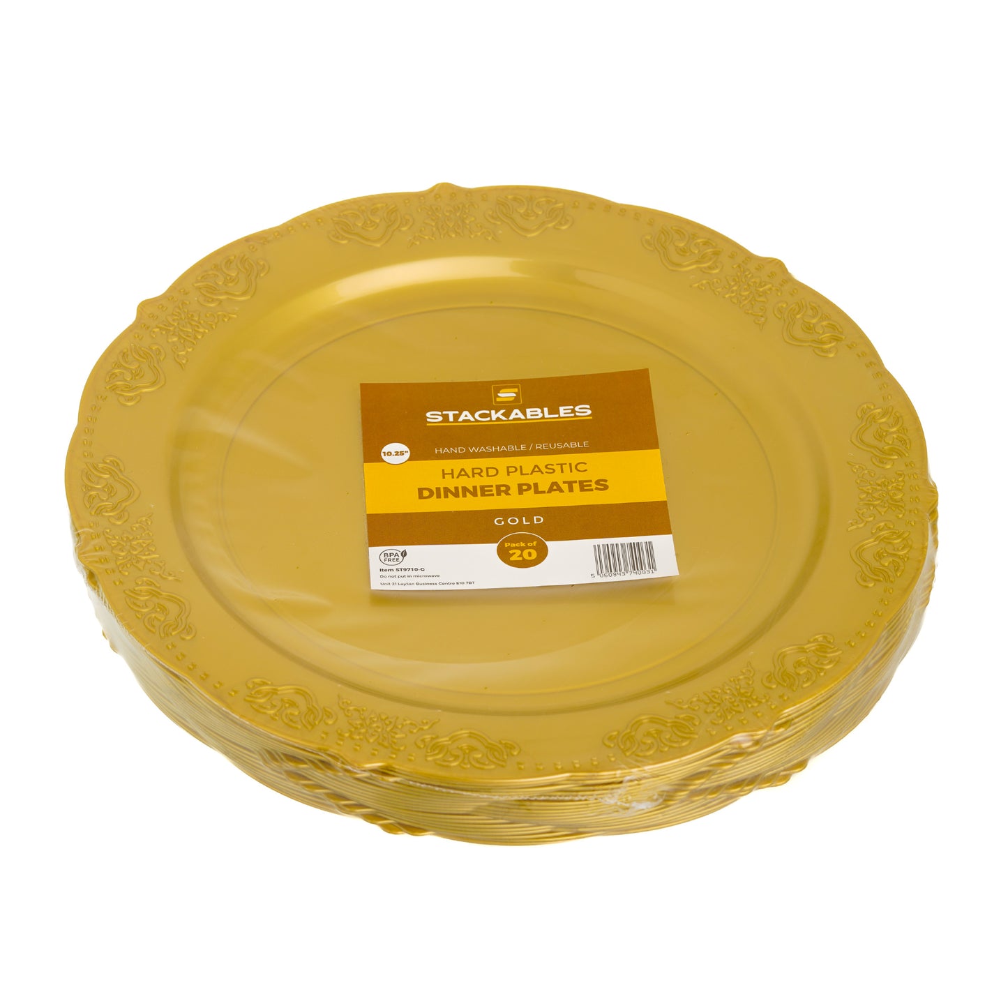 20 Pack 10-Inch Gold Round Plastic Dinner Plates with Ornate Rim - Ideal for Main Courses and Formal Dining