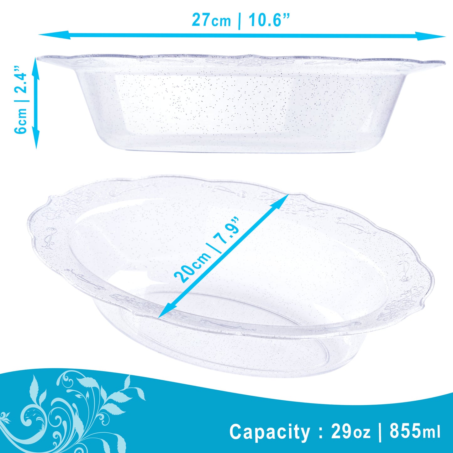 Pack of 4 Clear Plastic Glitter Oval Serving Bowls - 29oz (855ml)