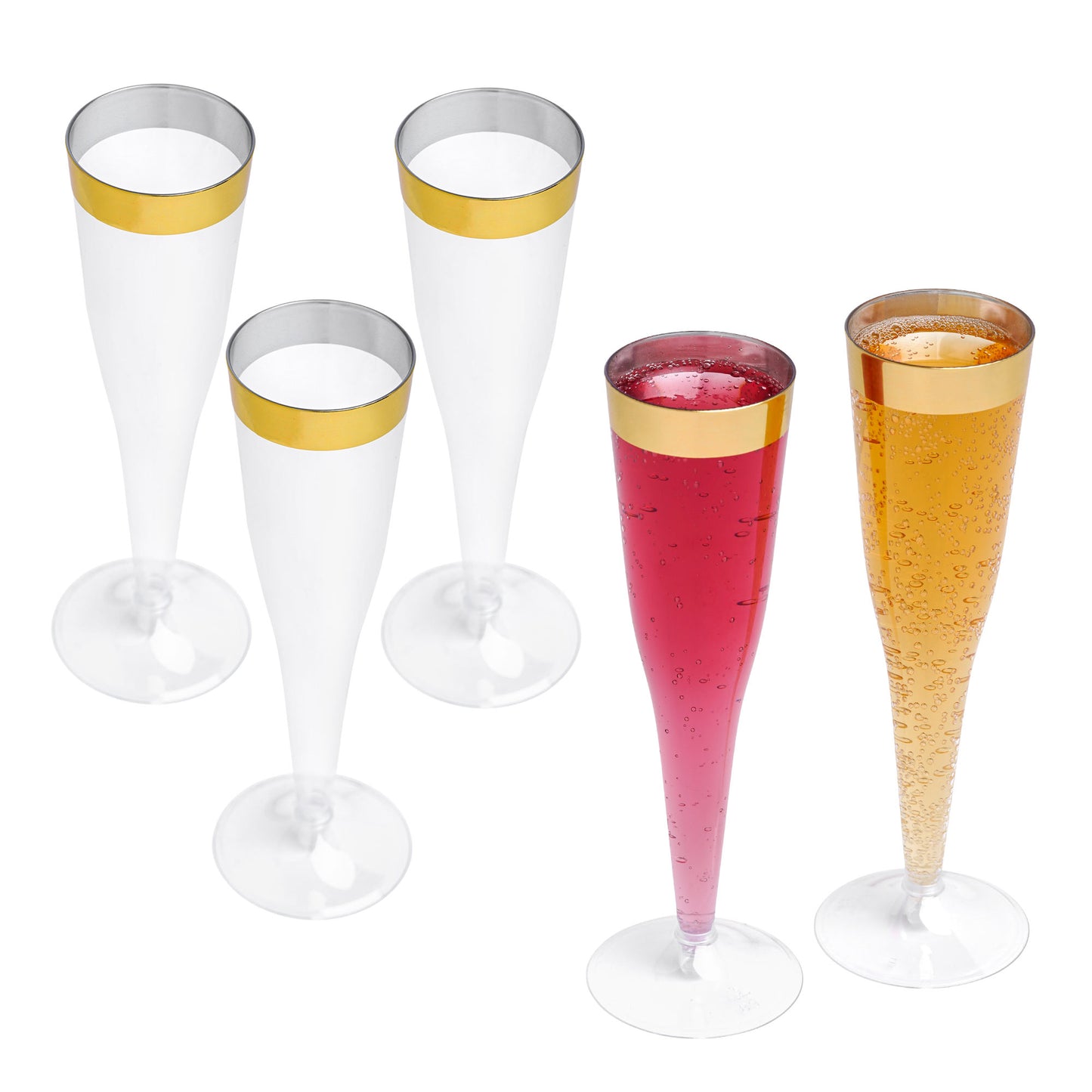 24-Pack 8.3 Inch Clear Plastic Champagne Flutes with Gold Rim - Two-Piece Design