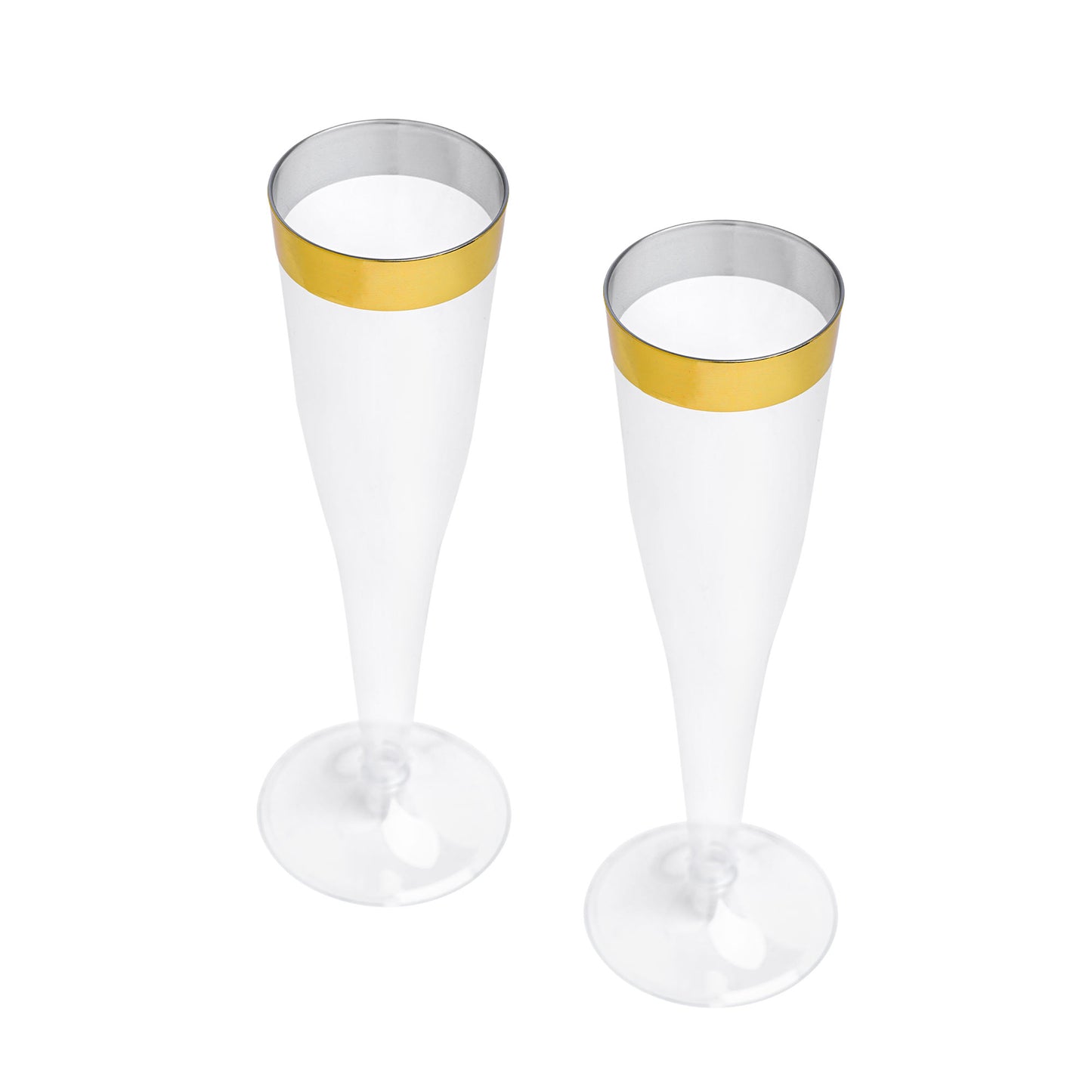 24-Pack 8.3 Inch Clear Plastic Champagne Flutes with Gold Rim - Two-Piece Design