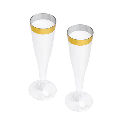 24-Pack 8.3 Inch Clear Plastic Champagne Flutes with Gold Rim - Two-Piece Design