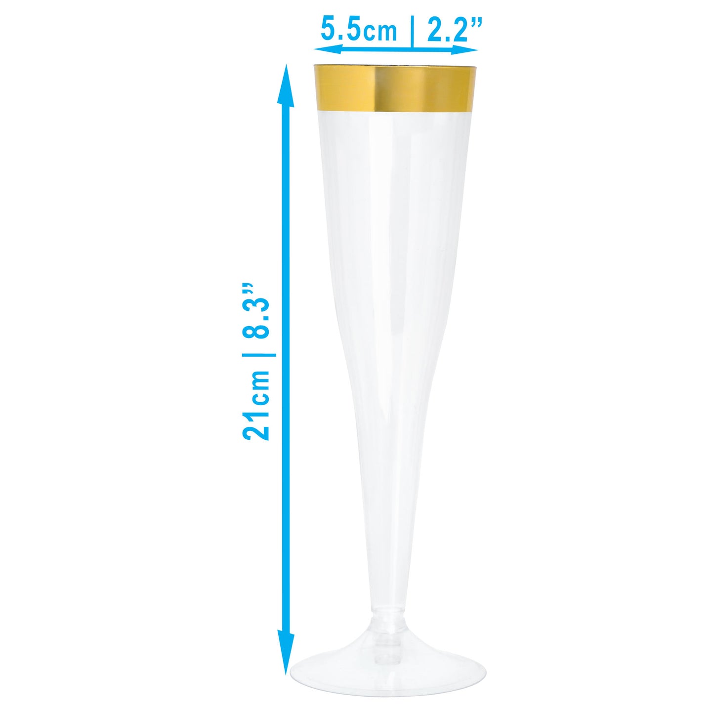 24-Pack 8.3 Inch Clear Plastic Champagne Flutes with Gold Rim - Two-Piece Design