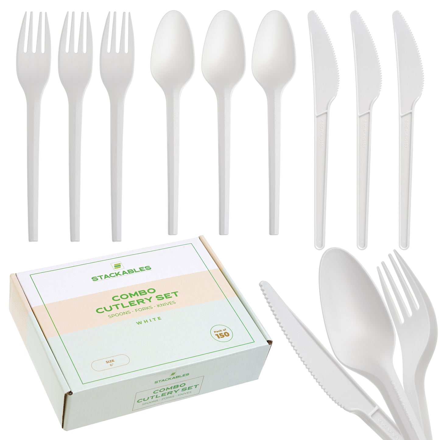 150-Pack White CPLA Compostable Cutlery Combo Set - Forks, Spoons, Knives