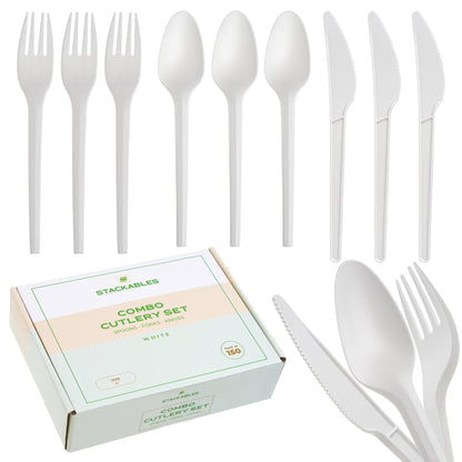 150-Pack White CPLA Compostable Cutlery Combo Set - Forks, Spoons, Knives