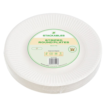50 Pack White 8-Inch Striped Round Plates - Sugarcane Bagasse