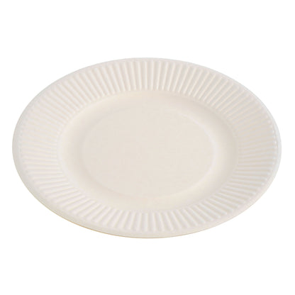 50 Pack White 8-Inch Striped Round Plates - Sugarcane Bagasse