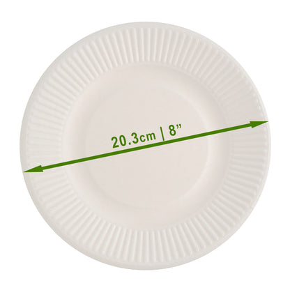 50 Pack White 8-Inch Striped Round Plates - Sugarcane Bagasse