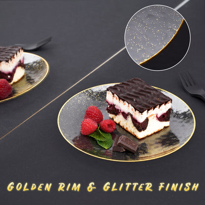 20 Pack 7" Clear Plastic Plates with Gold Rim & Glitter Finish