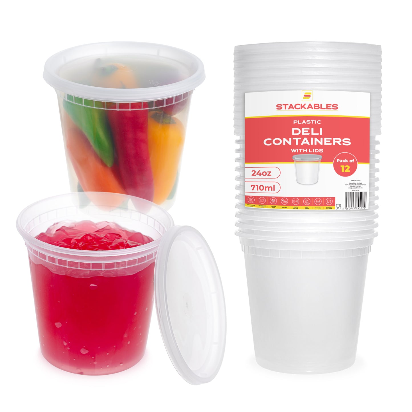 12-Pack 24 oz (710 ml) Clear Round Plastic Deli Containers with Lids