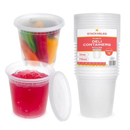 12-Pack 24 oz (710 ml) Clear Round Plastic Deli Containers with Lids